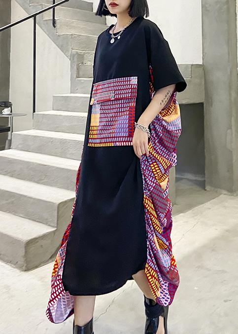 Chic black patchwork print cotton Wardrobes o neck Maxi summer Dresses - SooLinen