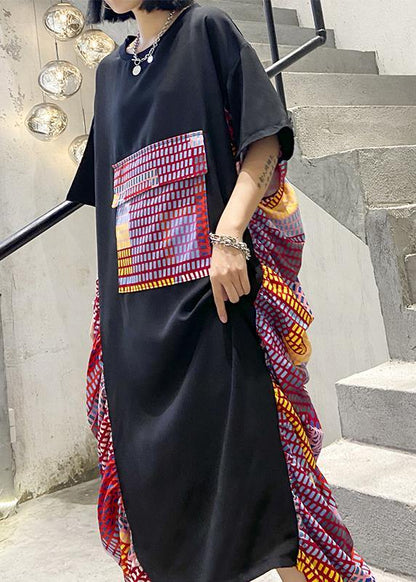 Chic black patchwork print cotton Wardrobes o neck Maxi summer Dresses - SooLinen