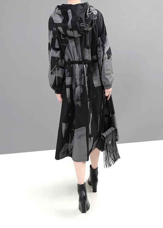 Chic black prints Fine outwear hooded tie waist jackets - SooLinen