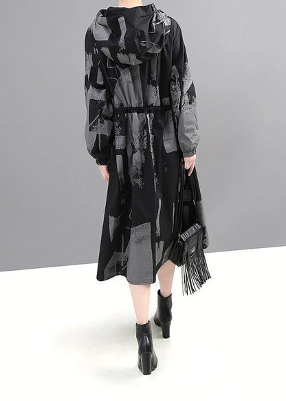 Chic black prints Fine outwear hooded tie waist jackets - SooLinen