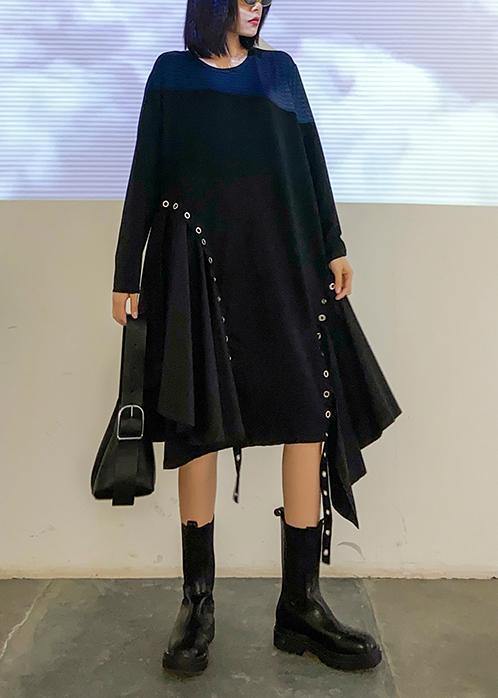 Chic black quilting dresses o neck patchwork Art Dress - SooLinen