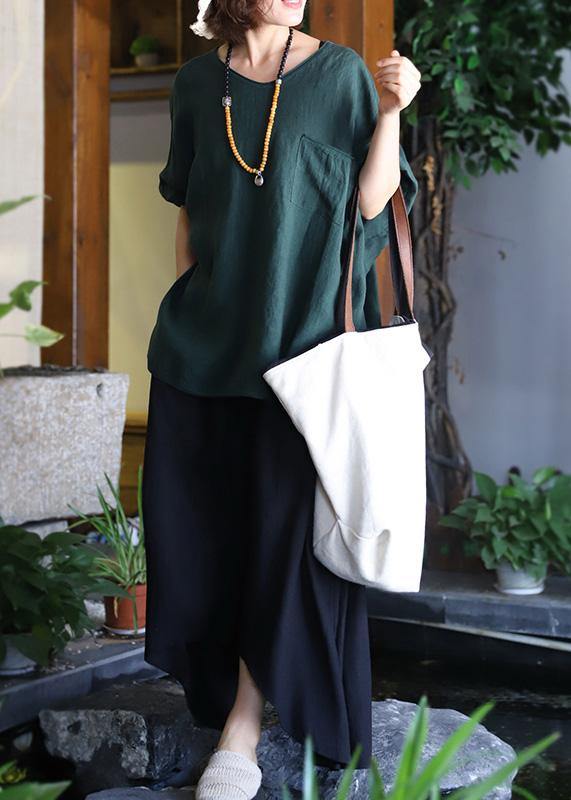 Chic blackish green linen clothes For Women side open Plus Size Clothing v neck blouse - SooLinen