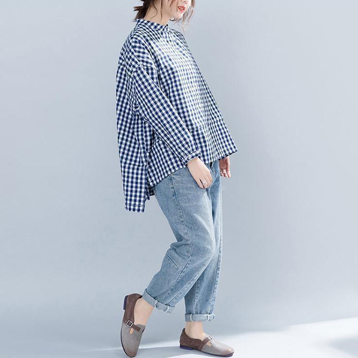 Schicke blau karierte Baumwollkleidung für Damen, lässiger Ausschnitt, Stehkragen, Kunsthemd