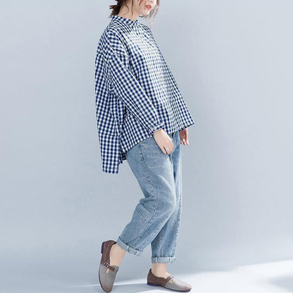 Schicke blau karierte Baumwollkleidung für Damen, lässiger Ausschnitt, Stehkragen, Kunsthemd