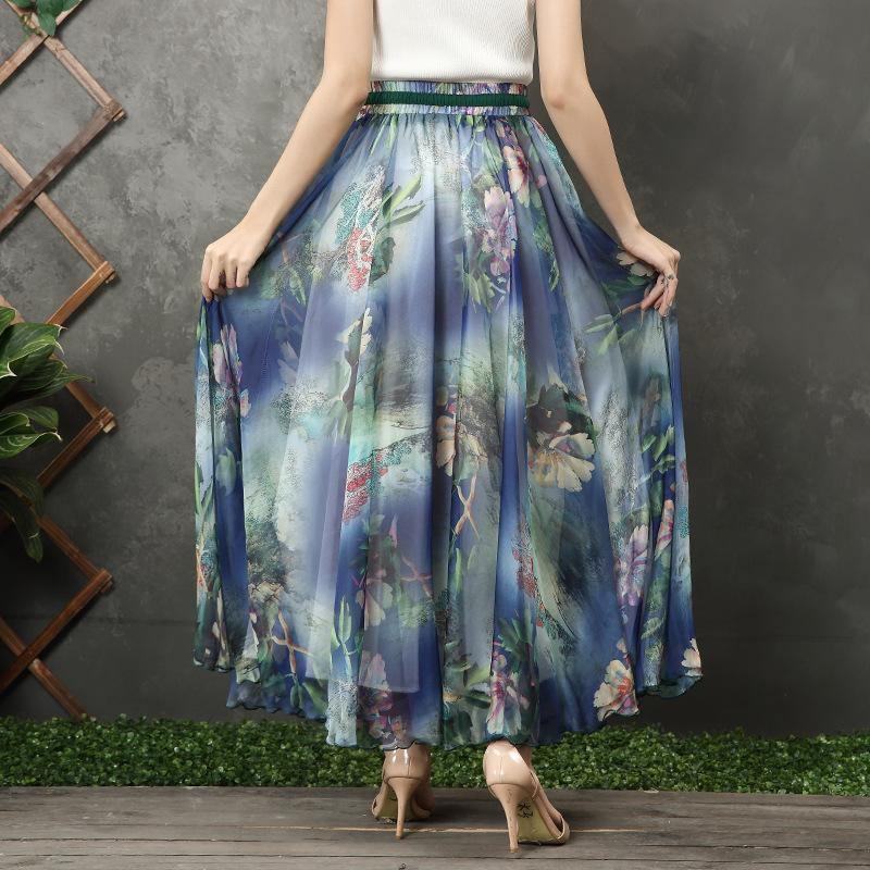Chic blue floral chiffon Long Shirts elastic tie waist long summer Dress - SooLinen