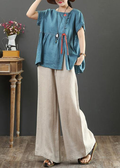Chic blue linen linen tops women o neck Cinched oversized shirts - SooLinen