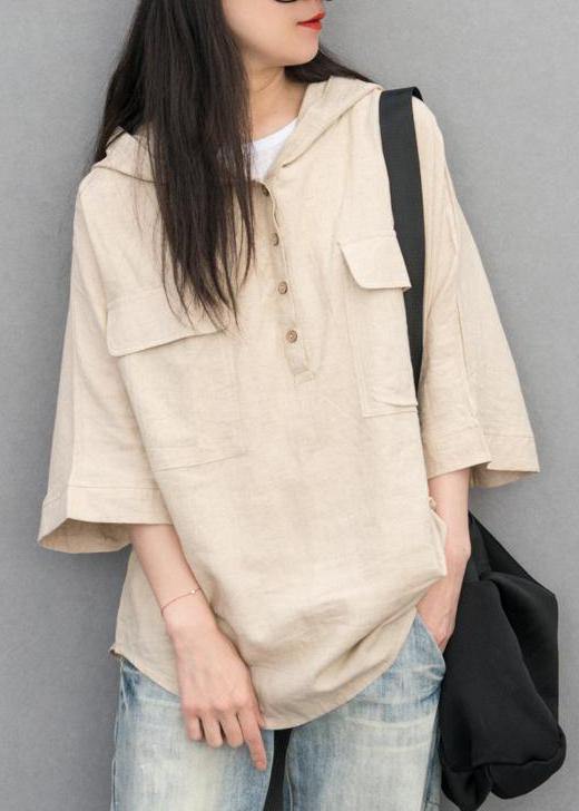 Chic cotton linen tunic pattern plus size Batwing Sleeve Solid Color Hooded Blouse - SooLinen