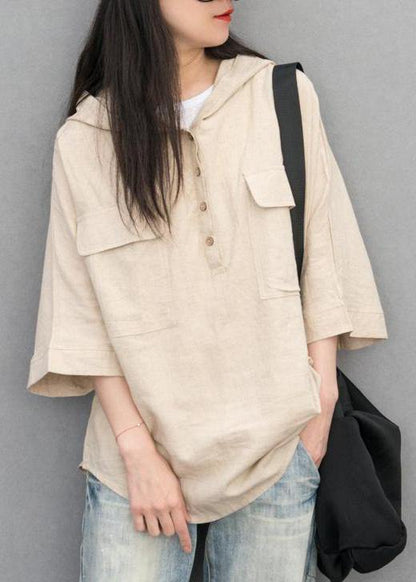 Chic cotton linen tunic pattern plus size Batwing Sleeve Solid Color Hooded Blouse - SooLinen