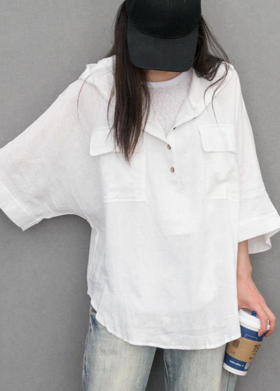 Chic cotton linen tunic pattern plus size Batwing Sleeve Solid Color Hooded Blouse - SooLinen
