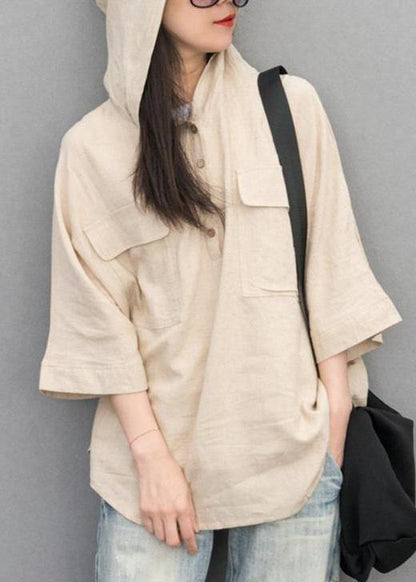 Chic cotton linen tunic pattern plus size Batwing Sleeve Solid Color Hooded Blouse - SooLinen
