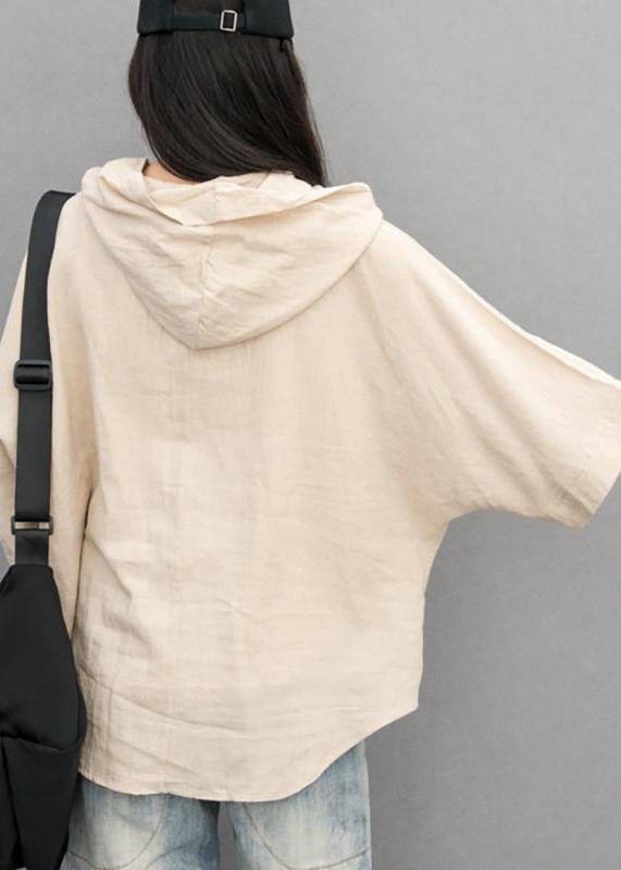 Chic cotton linen tunic pattern plus size Batwing Sleeve Solid Color Hooded Blouse - SooLinen