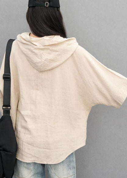 Chic cotton linen tunic pattern plus size Batwing Sleeve Solid Color Hooded Blouse - SooLinen