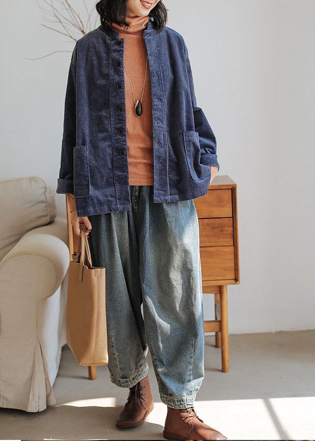 Chic dark blue cotton Blouse stand collar pockets tunic shirts - SooLinen