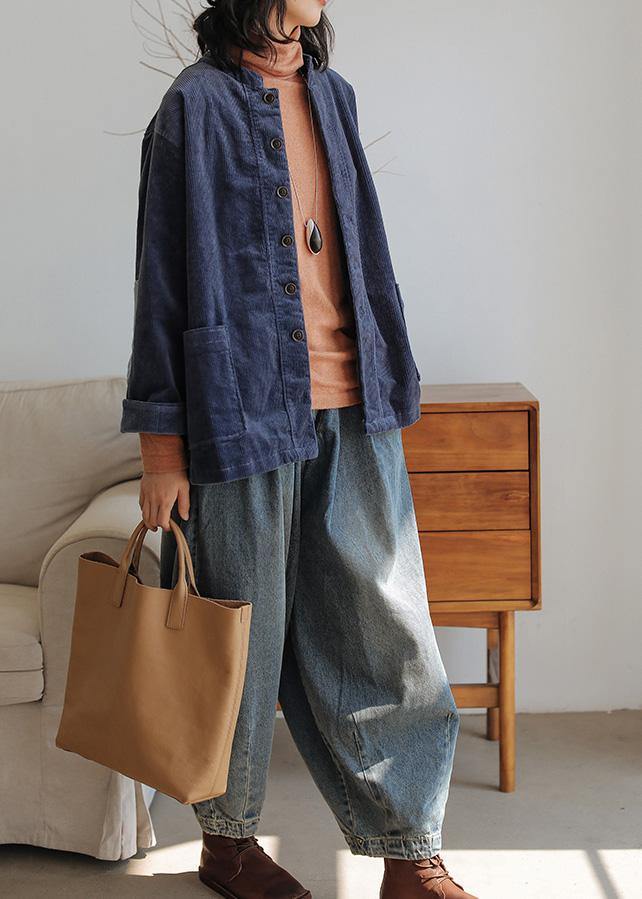 Chic dark blue cotton Blouse stand collar pockets tunic shirts - SooLinen