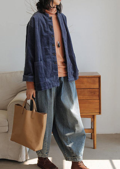 Chic dark blue cotton Blouse stand collar pockets tunic shirts - SooLinen