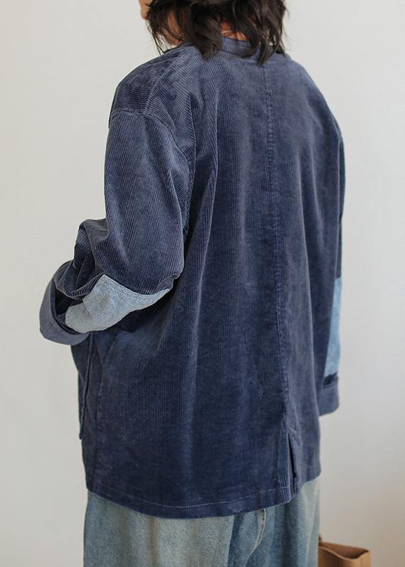 Chic dark blue cotton Blouse stand collar pockets tunic shirts - SooLinen