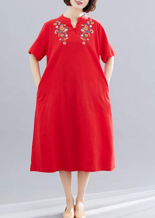 Chic embroidery cotton clothes linen red Dresses summer - SooLinen