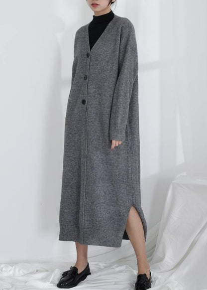 Chic gray Sweater weather Moda v neck Button Down tunic fall knit dresses - SooLinen