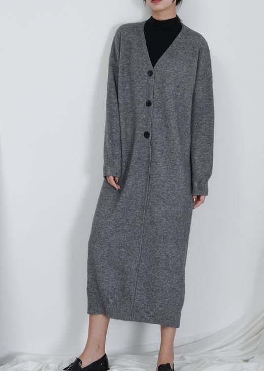 Chic gray Sweater weather Moda v neck Button Down tunic fall knit dresses - SooLinen