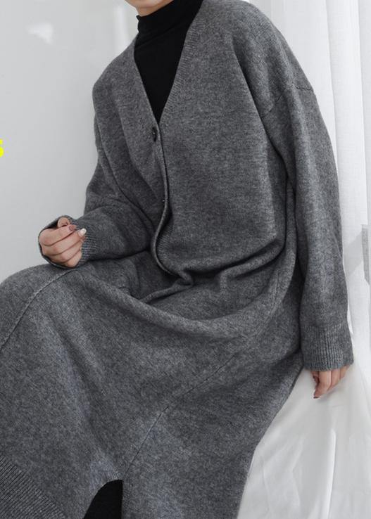Chic gray Sweater weather Moda v neck Button Down tunic fall knit dresses - SooLinen