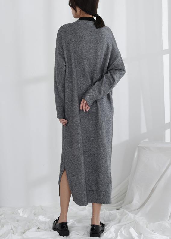 Chic gray Sweater weather Moda v neck Button Down tunic fall knit dresses - SooLinen