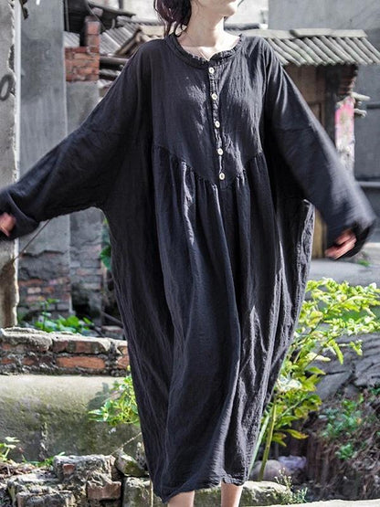 Chic gray black cotton Robes o neck long sleeve A Line spring Dress - SooLinen