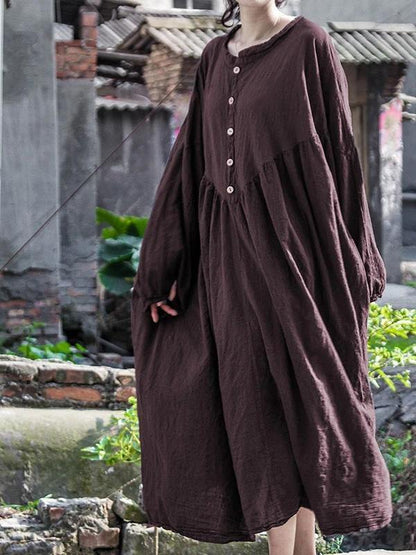 Chic gray black cotton Robes o neck long sleeve A Line spring Dress - SooLinen