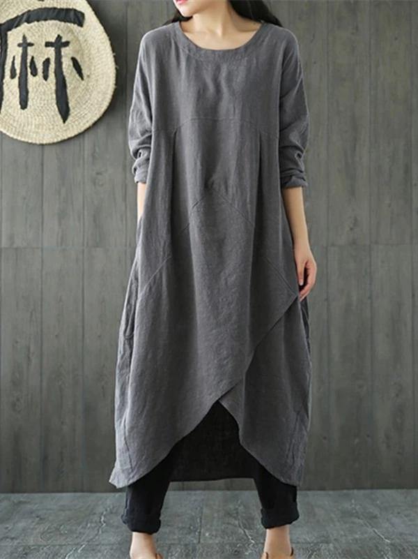Chic gray cotton linen dress o neck asymmetric Maxi spring Dresses - SooLinen