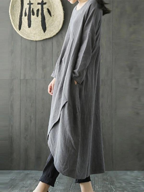 Chic gray cotton linen dress o neck asymmetric Maxi spring Dresses - SooLinen
