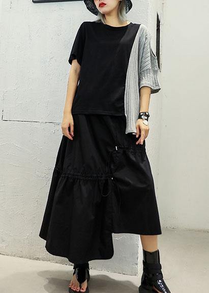 Chic gray patchwork cotton clothes For Women asymmetric hem oversized summer blouses - SooLinen