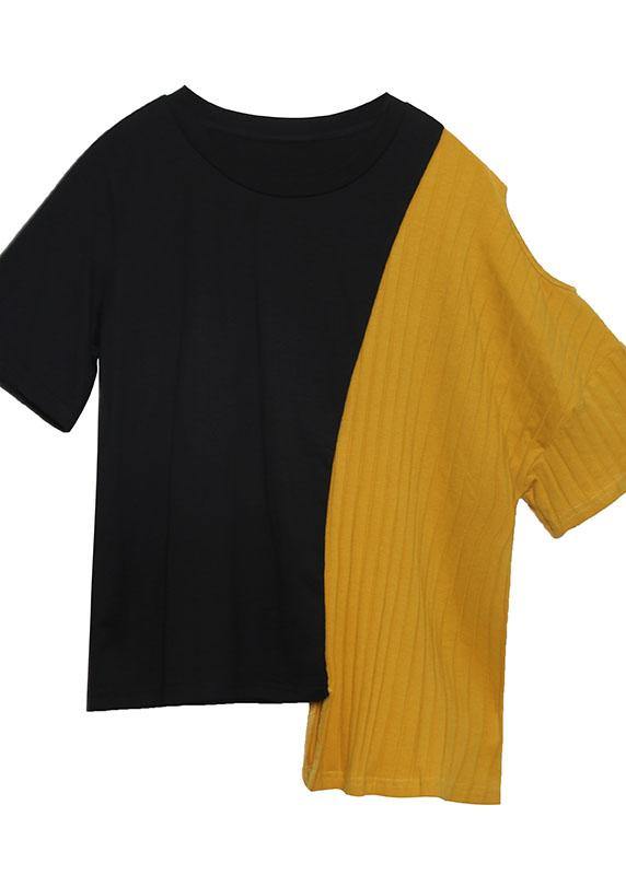 Chic gray patchwork cotton clothes For Women asymmetric hem oversized summer blouses - SooLinen