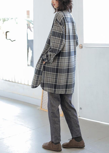 Chic gray plaid cotton blouses for women POLO neck Button tunic top - SooLinen