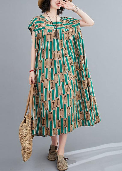 Chic green print dress o neck Cinched Dresses summer Dresses - SooLinen