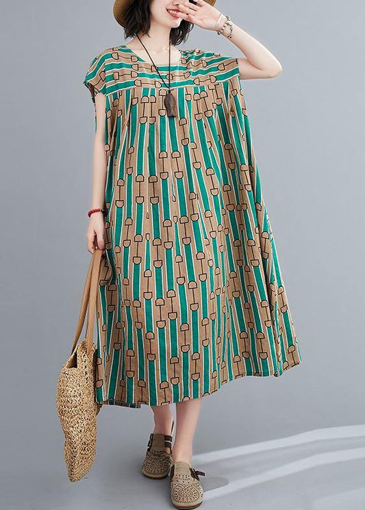 Chic green print dress o neck Cinched Dresses summer Dresses - SooLinen