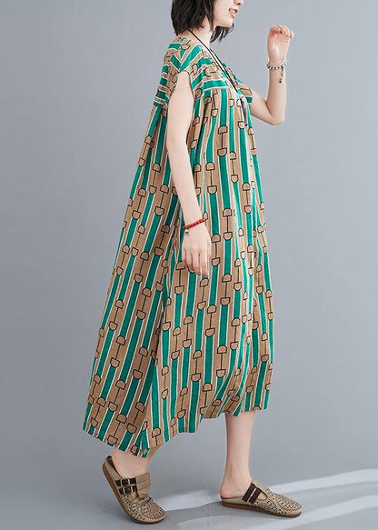 Chic green print dress o neck Cinched Dresses summer Dresses - SooLinen