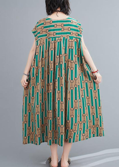 Chic green print dress o neck Cinched Dresses summer Dresses - SooLinen