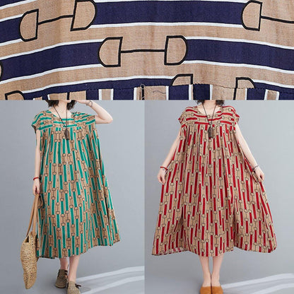 Chic green print dress o neck Cinched Dresses summer Dresses - SooLinen