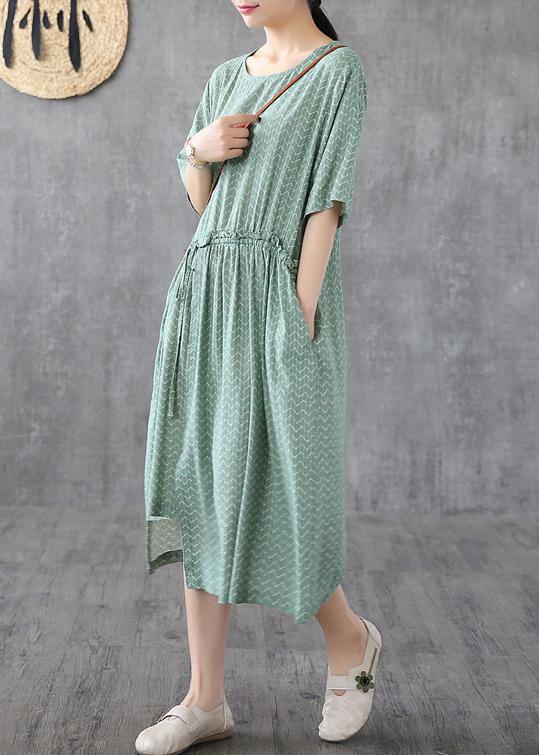 Chic green print linen dresses o neck asymmetric loose summer Dress - SooLinen