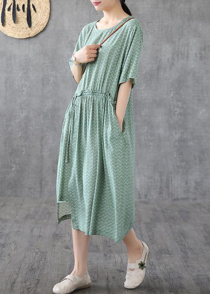Chic green print linen dresses o neck asymmetric loose summer Dress - SooLinen