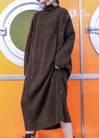 Chic high neck Sweater knit top pattern Vintage chocolate baggy knit dress fall - SooLinen