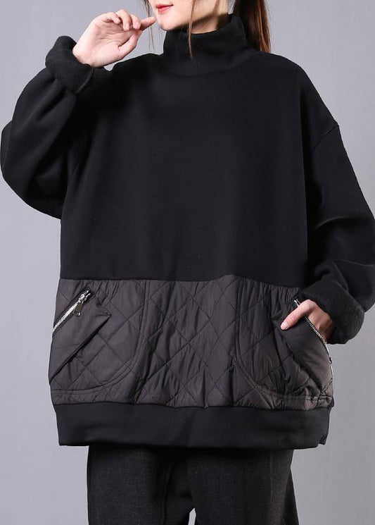 Chic high neck patchwork cotton fall clothes For Women Fabrics black top - SooLinen