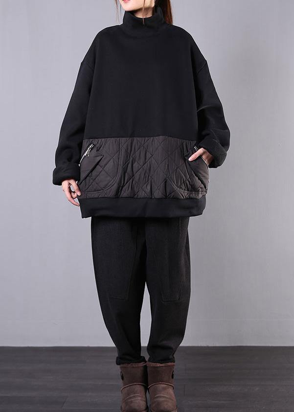 Chic high neck patchwork cotton fall clothes For Women Fabrics black top - SooLinen