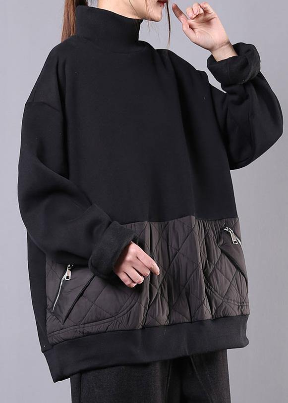 Chic high neck patchwork cotton fall clothes For Women Fabrics black top - SooLinen