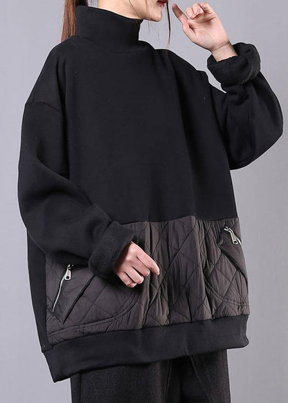 Chic high neck patchwork cotton fall clothes For Women Fabrics black top - SooLinen