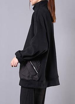 Chic high neck patchwork cotton fall clothes For Women Fabrics black top - SooLinen