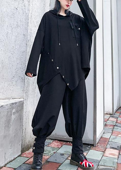 Chic hooded asymmetric cotton tunic Fabrics black blouse - SooLinen