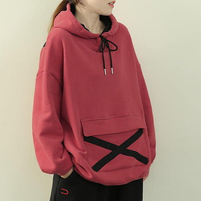 Chic hooded drawstring clothes pink tunic shirt - SooLinen