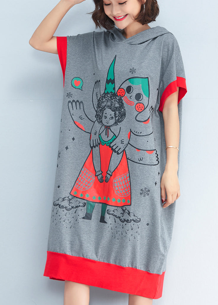 Schicke Kapuzen-Patchwork-Baumwollkleider Damen Inspiration grauer Druck Baggy-Kleider Sommer