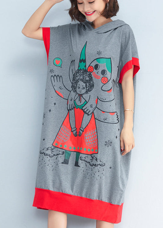 Schicke Kapuzen-Patchwork-Baumwollkleider Damen Inspiration grauer Druck Baggy-Kleider Sommer