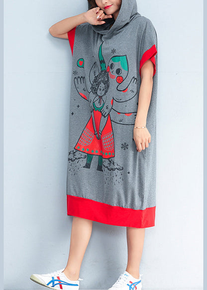 Schicke Kapuzen-Patchwork-Baumwollkleider Damen Inspiration grauer Druck Baggy-Kleider Sommer